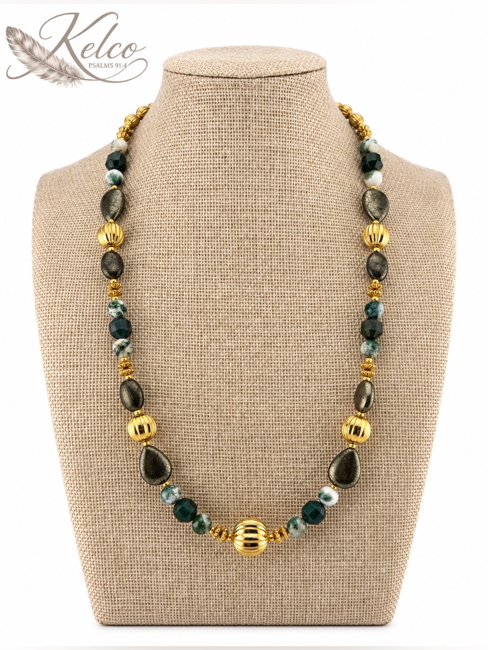 Moss, Indian Agate  & Pyrite Statement Necklace 20”